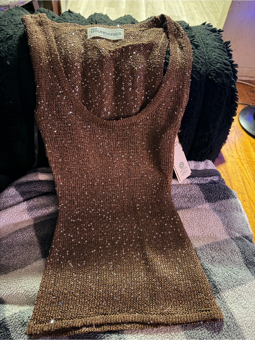 No Boundaries Brown Sequin Knit Scoop Neck Tank
